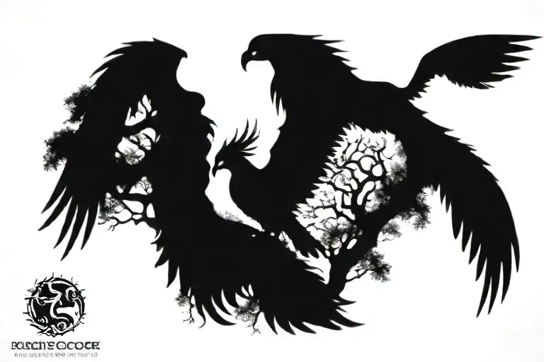 nature Forest landscape tattoo featuring Phoenix and animals ,  tattoo design idea