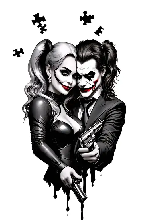 Harley Quinn and the joker holding revolver  each  as a symbol of there love with puzzle pieces falling out of pict tattoo design idea