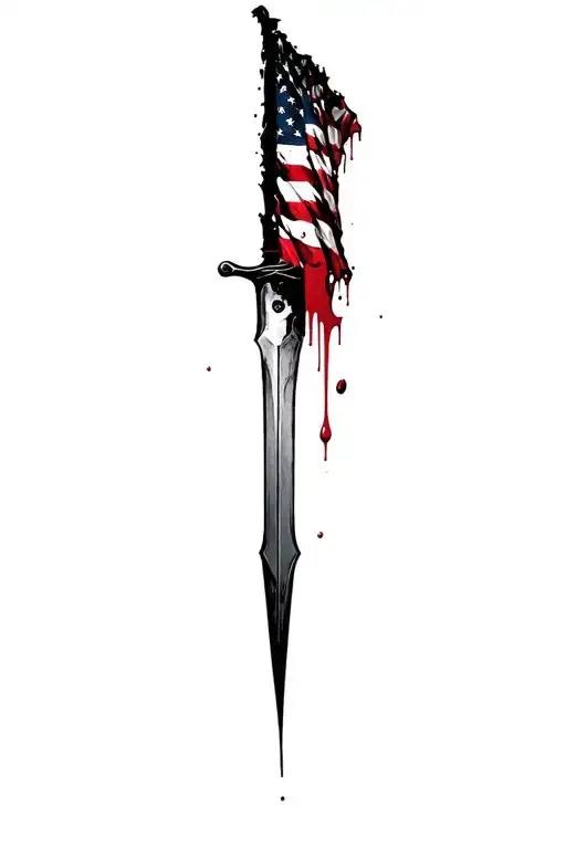 blood dripping and tattered usa flag and sharp long blade tattoo design idea