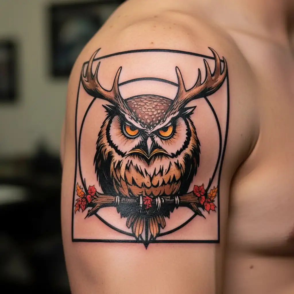 an angry owl with moose antlers tattoo design idea