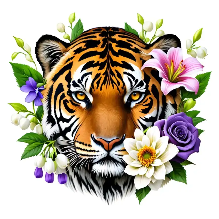 Tiger face surrounded by 1 lilly of the valley flower 3 Hawthorn Blossoms 1 sweet pea flower 1 chrysanthemum 6 roses  tattoo design idea