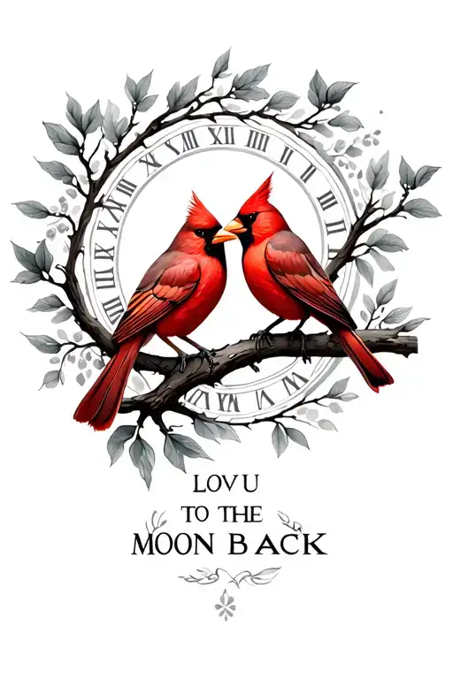 two cardinals sitting on sepreate branch and Roman numerals under and the text "love u to the moon and back" tattoo design idea