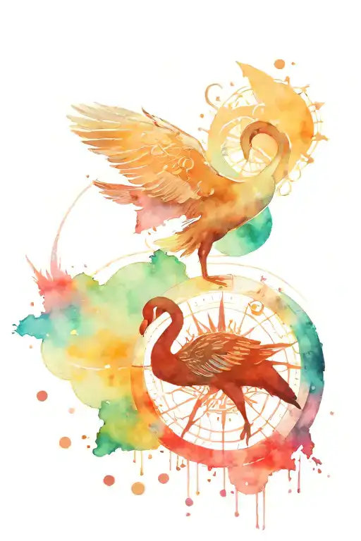 Black swan in foreground with the northern lights behind, with a nautical compass and Libra and aries star signs  tattoo design idea