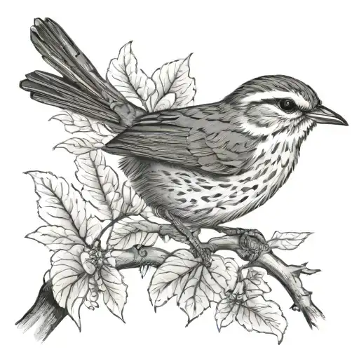 Wren bird on a branch tattoo design idea
