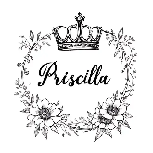 priscilla name with a crown and flowers tattoo design idea