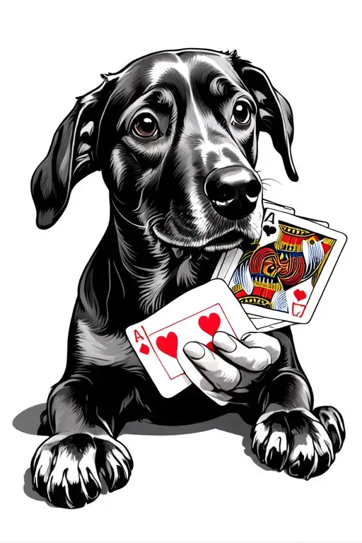 A dog honding a hand of playing cards with it's paws tattoo design idea