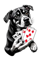A dog honding a hand of playing cards with it's paws tattoo design idea
