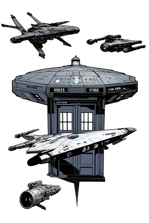 star trek enterprise, battlestar galactica viper, firefly serentity, tardis, and xwing fighter tattoo design idea