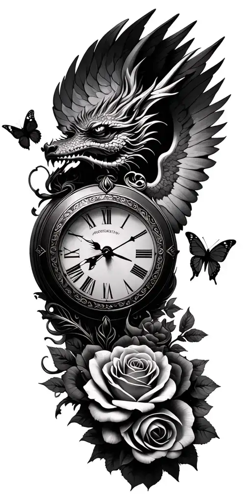 clock face, angel , roses, eye, dragon, butterfly surrounded tattoo design idea