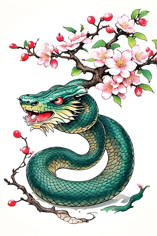 snake cherry blossom tree tattoo design idea