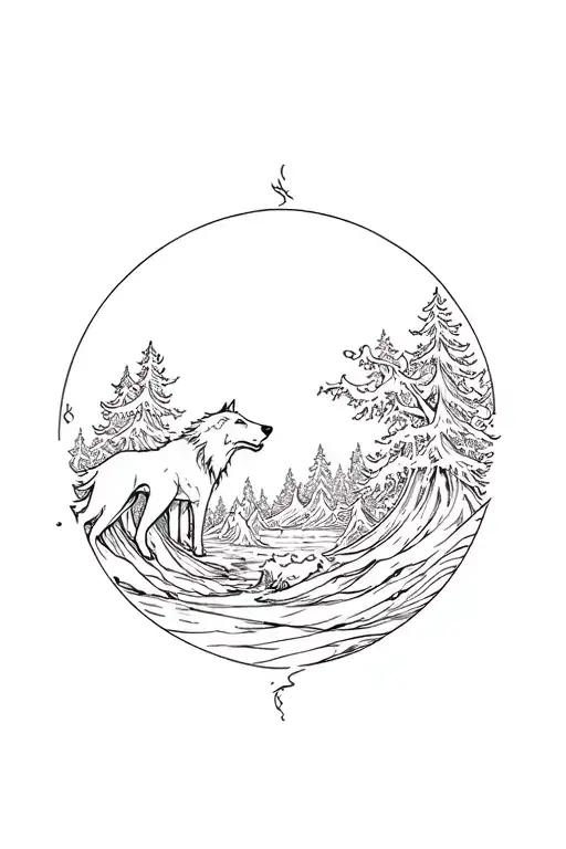 wave crashing forest landscape with wolf and devil tattoo design idea