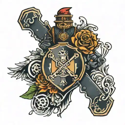 A family crest design incorporating elements of snowboarding, photography, and crossfit to represent the client's passions tattoo design idea