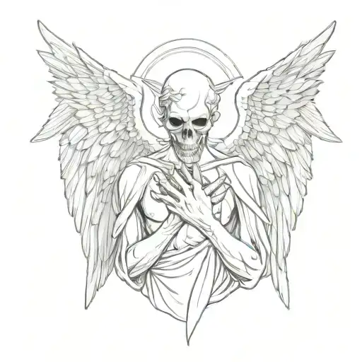 an angel with wide wings holds a skull in his hand, tilts his head slightly, looks at the skull tattoo design idea
