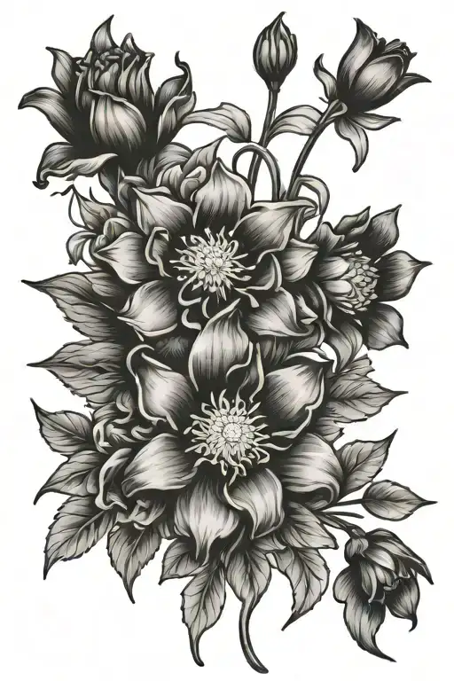 chrysanthemum flower, narcissus flower, Delphinium flower, Aster flower, and Violet flower tattoo design idea