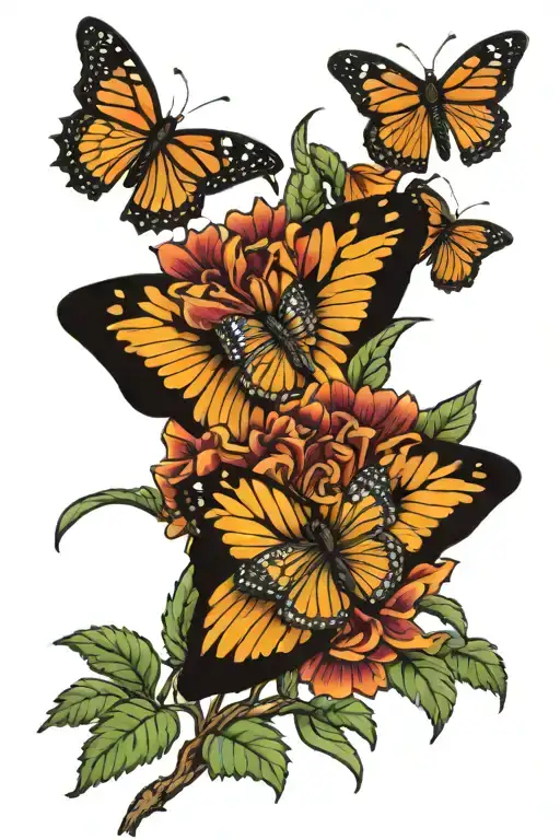 Aztec marigolds and monarch butterflies  tattoo design idea