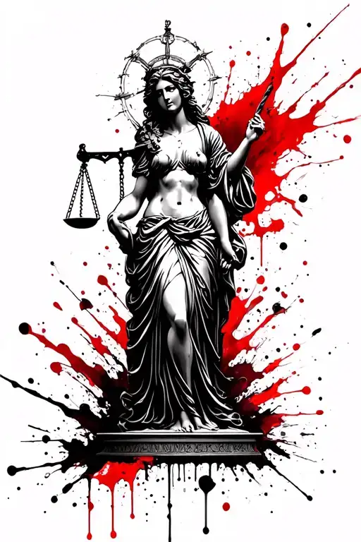 Full-body standing Lady Justice tattoo design in trash polka style, bold blackwork ink with subtle red accents. The godd tattoo design idea