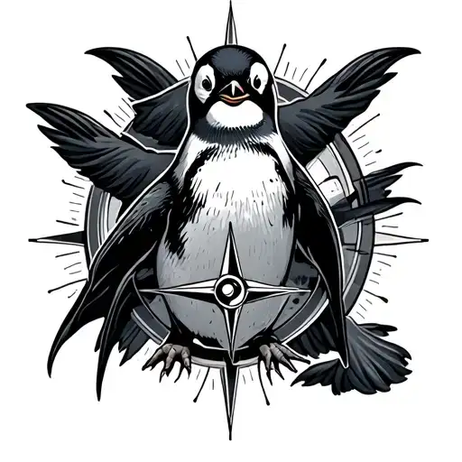 penguins in a compass tattoo design idea