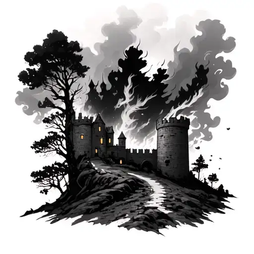 forest burning on outskirts of castle walls tattoo design idea