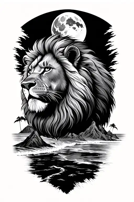 motor cycle, lion, mountains beach, moon,  tattoo design idea