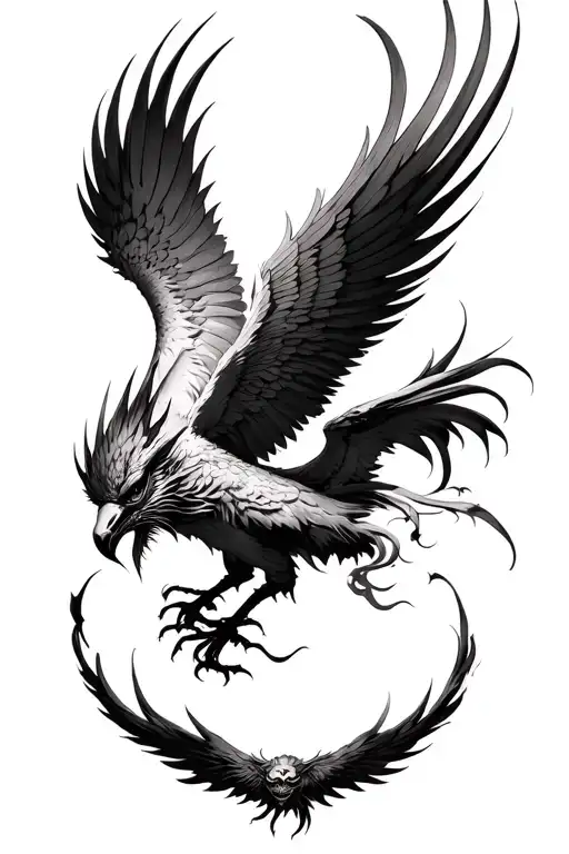 phenix bird with an oni demon mask and ikarus falling tattoo design idea