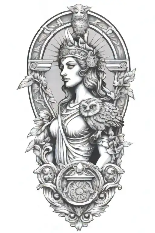 athena greek goddess with owl and parthenon tattoo design idea