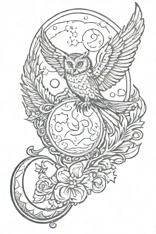 heart on sea foam, ancient Roman coin, owl, cornucopia, wings, peacock feather, bow and arrow behind moon, small torch. tattoo design idea