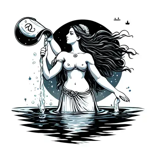 Aquarius woman pouring water with character and a pronounced look standing with astrological sign tattoo design idea