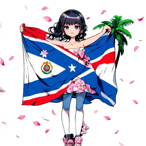 chibi style anime girl with 4C type hair, holding a Dominican flag with palm trees and Sakura flower petals falling. tattoo design idea