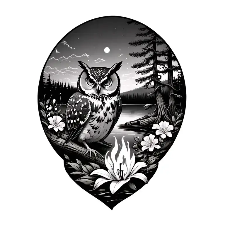 lake, pine trees, driftwood, owl, nightingale, campfire, lake, lily of the valley, carnation tattoo design idea