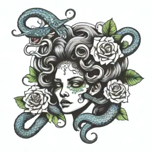 Medusa face with flowers and snakes and with half skull tattoo design idea