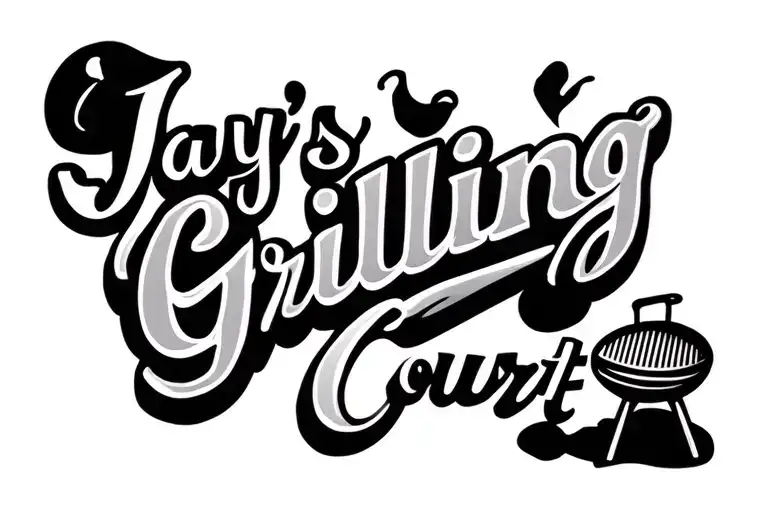 "Jay's Grilling Court" Lower back minimal tattoo, grill on the right side of the text tattoo design idea