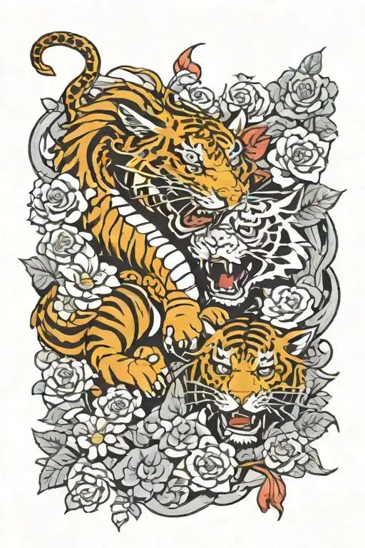 Dragon and tiger fighting with daisys and roses around them tattoo design idea