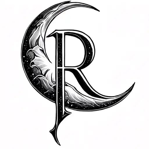 fine line half moon with a cursive R next to it wrist tattoo design idea