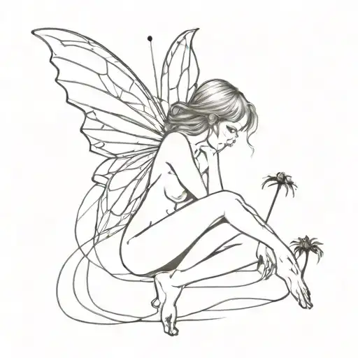 naked fairy with wings made of rain with spiders tattoo design idea