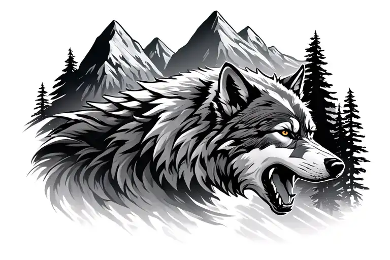 Growling Wolf And Mountains tattoo design idea