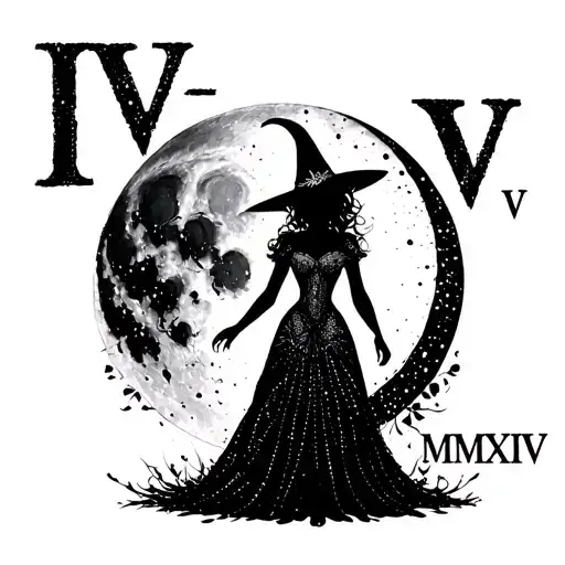 "IV - V - MMXIV" "IV - V - MMXIV" "IV - V - MMXIV" "IV - V - MMXIV" sexy witch bride silhouette over full moon tattoo design idea