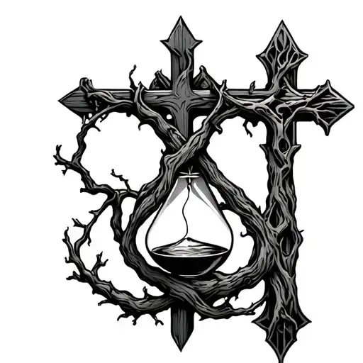 cross with tree wrapped and hourglass tattoo design idea