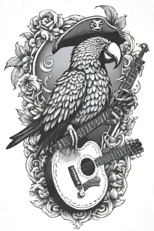 parrot pirate hat perched on guitar tattoo design idea
