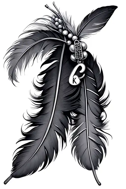 2 feathers with quills tied together at the top with beads and letter k charm tattoo design idea
