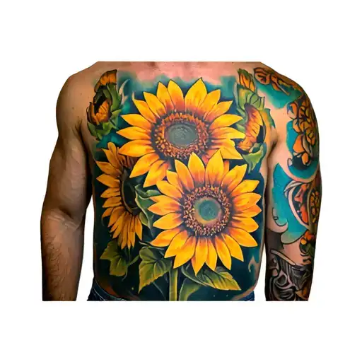 Create a manly Colored bouquet of Sunflower tattoo on men half chest design tattoo design idea