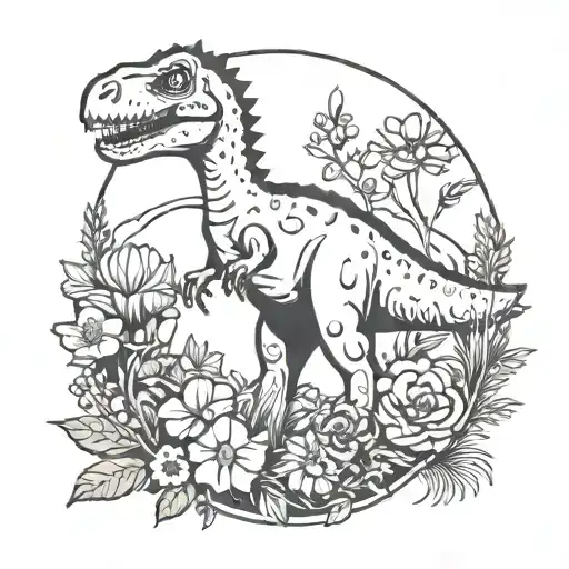 cartoon dinosaur and flowers surroundin tattoo design idea