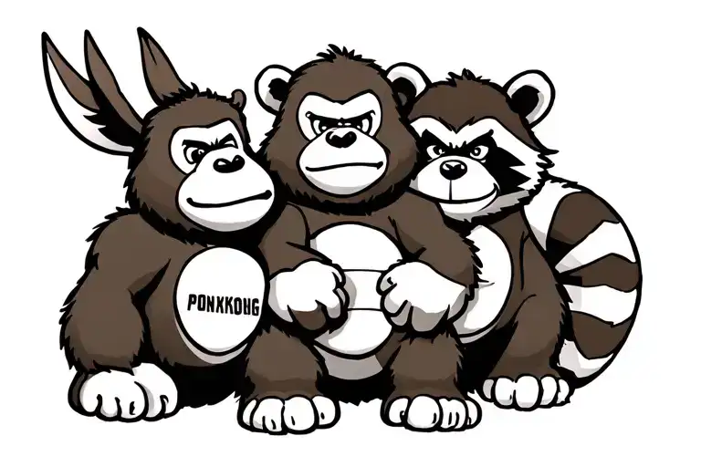 care bear, donkey Kong, and racoon in military tattoo design idea