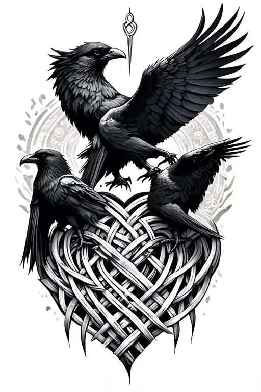 love bindrune with Odins ravens and woven fate tattoo design idea