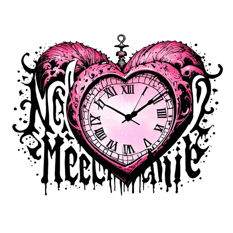 "Mélanie" black pink heart clock tattoo design idea