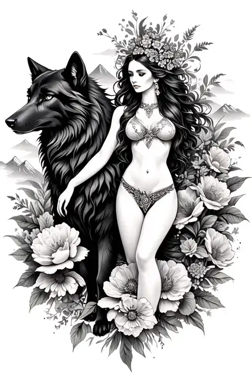 Aries sexy goddess surrounded by poeny flowers and black wolf with mountains  tattoo design idea