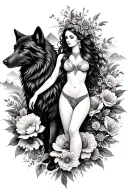 Aries sexy goddess surrounded by poeny flowers and black wolf with mountains  tattoo design idea