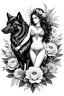 Aries sexy goddess surrounded by poeny flowers and black wolf with mountains  tattoo design idea