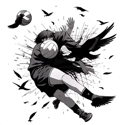 hinata shoyo from Haikyuu anime spiking a volleyball with crows flying in the foreground and feathers falling tattoo design idea