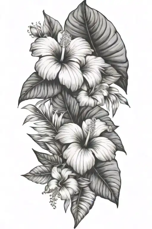 tropical leaves with hibiscus tattoo design idea