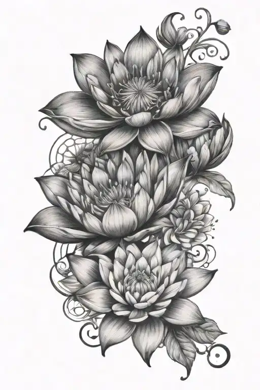 water lilly, carnation and cosmos flower tattoo design idea